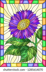 Illustration in stained glass style with  bright purple  flower  , buds and leaves on a yellow background in a frame