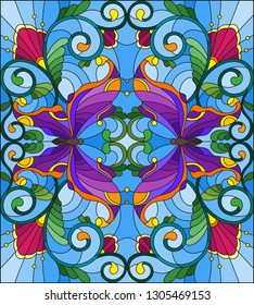 Illustration in stained glass style with bright butterflies, flowers and leaves, on a blue background