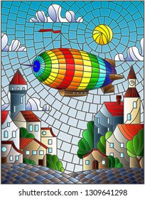 Illustration in stained glass style with bright rainbow balloon flying over the city on the background of cloudy sky and sun