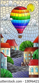 Illustration in stained glass style with bright rainbow balloon flying over the city on the background of cloudy sky and sun