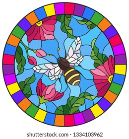 Illustration in stained glass style with a bright pink flowers and bee on a blue background, round image in bright frame