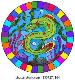 Illustration in stained glass style with a bright fish on the background of water and algae,oval picture in a bright frame