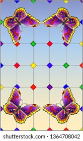Illustration in stained glass style with bright purple butterflies on a segmented window background, on a sky background