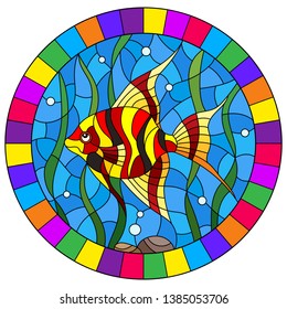 Illustration in stained glass style bright  fish scalar on the background of water and algae, oval image in bright frame