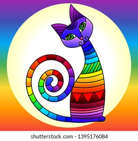 Illustration in stained glass style with bright rainbow cat in a circle  on a rainbow background