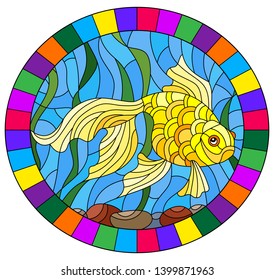 Illustration in stained glass style with bright gold fish on the background of water  , round image in bright frame