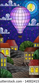 Illustration in stained glass style with bright  balloon flying over the city on the background of cloudy sky and moon