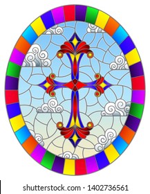 Illustration in stained glass style with bright cross on a background of blue sky and clouds,oval image in bright frame