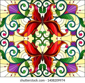 Illustration in stained glass style with bright red butterflies, flowers and leaves, on a yellow background