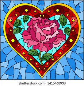 Illustration in stained glass style with bright red heart and rose flower on blue background