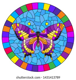 Illustration in stained glass style with bright purple butterfly on blue background, oval picture in bright frame