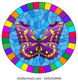 Illustration in stained glass style with bright purple butterfly on blue background, oval picture in bright frame