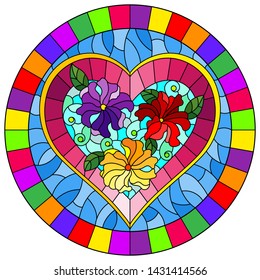 Illustration in stained glass style with bright  pink heart and flowers on blue background, oval image in bright frame