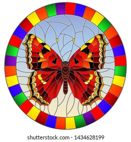 Illustration in stained glass style with bright red  butterfly on a blue background, oval picture  in a bright frame