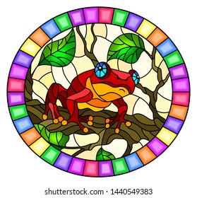 Illustration in stained glass style with bright red frog on plant branches background with leaves  on yellow background, round image in bright frame