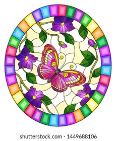 Illustration in stained glass style with a bright pink  butterfly on a background of purple flowers  , oval image in bright frame