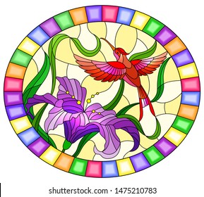 Illustration in stained glass style with bright red  Hummingbird against the foliage and purple flower of Lily, oval image in bright frame