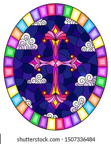 Illustration in stained glass style with bright cross on a background of blue sky and clouds,oval image in bright frame