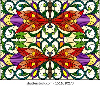 Illustration in stained glass style with bright dragonflys, flowers and leaves, on a yellow background