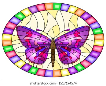 Illustration in stained glass style with bright purple butterfly on a yellow background, oval picture in a bright frame.