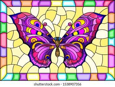 Illustration in stained glass style with bright purple butterfly on a yellow background in a bright frame