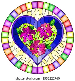 Illustration in stained glass style with bright  blue heart and pink flowers on yellow background, oval image in bright frame