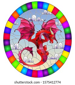 Illustration in stained glass style with bright red dragon on landscape and blue sky background, oval image in bright frame