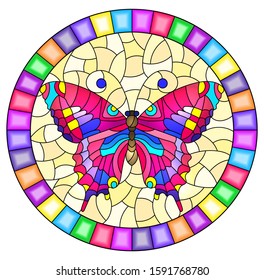 Illustration in stained glass style with bright pink butterfly on yellow background, oval picture in bright frame