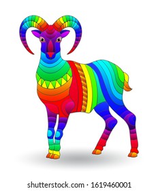 Illustration in stained glass style with a bright rainbow RAM, isolated on a white background
