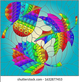 Illustration in stained glass style with bright iridescent abstract leaves, patterned leaves on a blue background