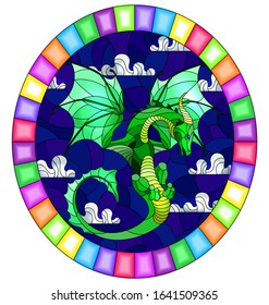 Illustration in stained glass style with bright green dragon on  blue sky background, oval image in bright frame