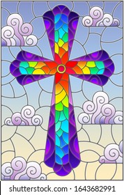 Illustration in stained glass style with bright cross on a background of blue sky and clouds