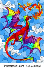 Illustration in stained glass style with bright dragon with flames against the sky and clouds background