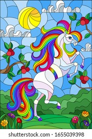 Illustration in stained glass style with a bright unicorn on the background of Apple trees, cloudy sky and sun
