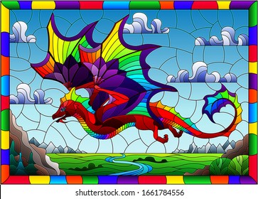 Illustration in stained glass style with bright dragon on landscape and blue sky background in bright frame 
