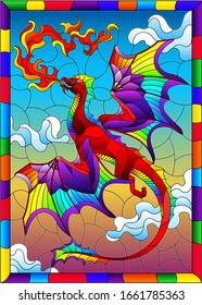 Illustration in stained glass style with bright dragon with flames against the sky and clouds background, in bright frame