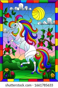 Illustration in stained glass style with a bright unicorn on the background of Apple trees, cloudy sky and sun,in bright frame