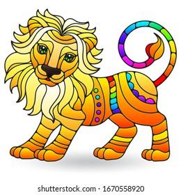 Illustration in stained glass style with a bright abstract lion isolated on a white background