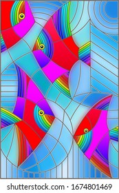 Illustration in stained glass style with bright abstract fish on a geometric blue background