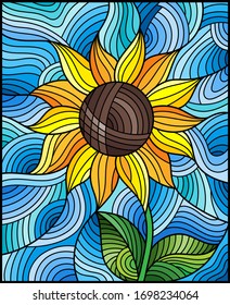 Illustration in stained glass style with bright yellow abstract flower on a blue wavy background