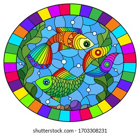 Illustration in stained glass style with bright rainbow fish on the background of water, bottom and algae, oval image in bright frame