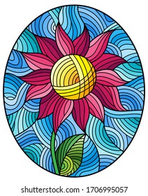 Illustration in stained glass style with bright pink abstract flower on a blue wavy background, oval image