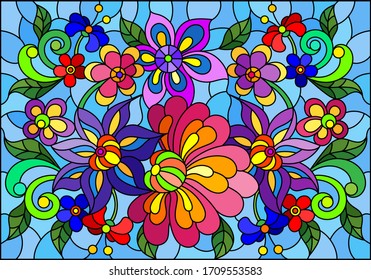 Ilustración en vidrio manchado con flores abstractas brillantes y hojas sobre fondo azul