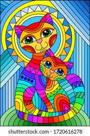 Illustration in stained glass style with a bright rainbow cat and kitten on the background of an abstract geometric sky and sun, rectangular image