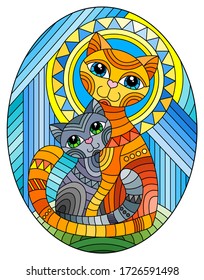 Illustration in stained glass style with a bright  cat and kitten on the background of an abstract geometric sky and sun, oval image