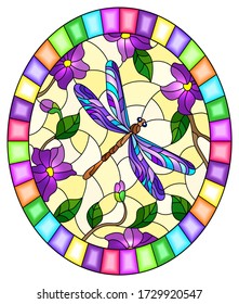 Illustration in stained glass style with bright purple dragonfly , foliage and purple flowers,oval image in bright frame