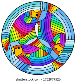Illustration in stained glass style with bright rainbow abstract fish on a geometric blue background, round image