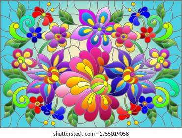 Illustration in stained glass style with bright abstract flowers and leaves on blue background