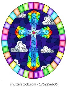 Illustration in stained glass style with bright cross on a background of blue night sky and clouds,oval image in bright frame