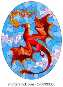 Illustration in stained glass style with bright red dragon with flames against the sky and clouds background, oval image